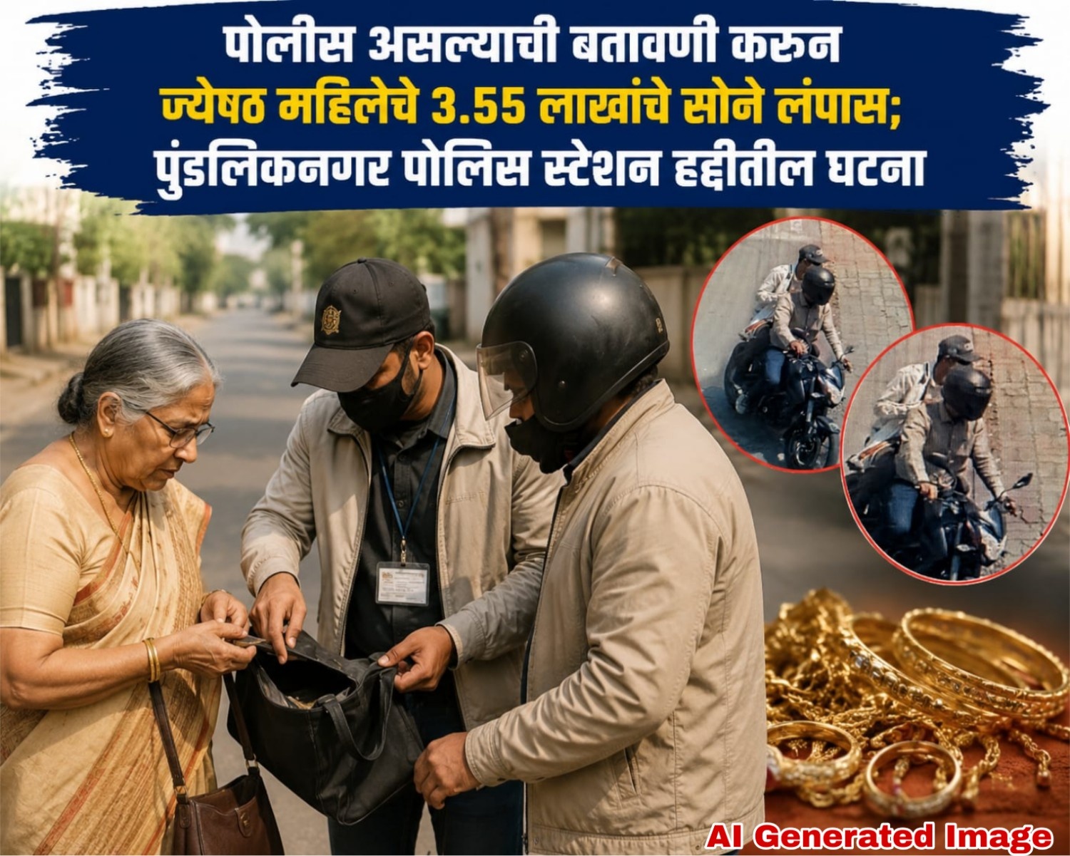 पोलीस असल्याची बतावणी; ज्येष्ठ महिलेचे 3.55 लाखांचे सोनं लंपास, दिवसाढवळ्या तिघा भामट्यांची चलाखी