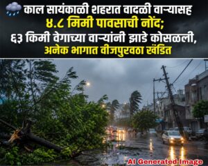 🌧️ काल सायंकाळी शहरात वादळी वाऱ्यासह ४.८ मिमी पावसाची नोंद; ६३ किमी वेगाच्या वाऱ्यांनी झाडे कोसळली, अनेक भागात वीजपुरवठा खंडित