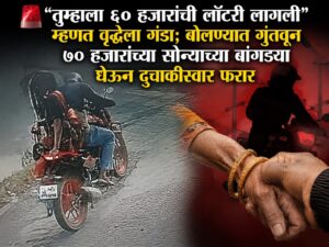 🚨 “तुम्हाला ६० हजारांची लॉटरी लागली” म्हणत वृद्धेला गंडा; बोलण्यात गुंतवून ७० हजारांच्या सोन्याच्या बांगड्या घेऊन दुचाकीस्वार फरार