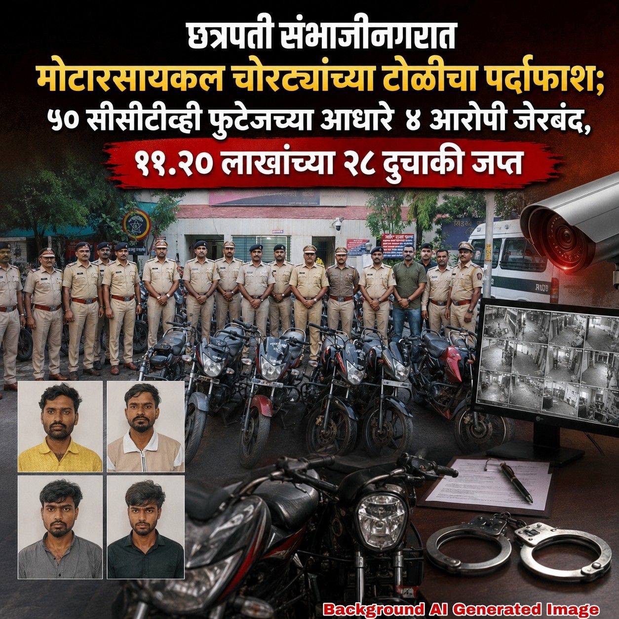 छत्रपती संभाजीनगरात मोटारसायकल चोरट्यांच्या टोळीचा पर्दाफाश; ५० सीसीटीव्ही फुटेजच्या आधारे ४ आरोपी जेरबंद, ११.२० लाखांच्या २८ दुचाकी जप्त