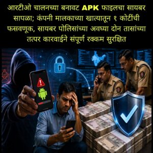 🚨 आरटीओ चालनच्या बनावट APK फाइलचा सायबर सापळा; कंपनी मालकाच्या खात्यातून १ कोटींची फसवणूक, सायबर पोलिसांच्या अवघ्या दोन तासांच्या तत्पर कारवाईने संपूर्ण रक्कम सुरक्षित