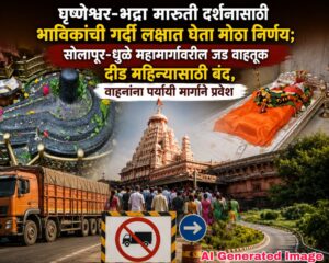 घृष्णेश्वर-भद्रा मारुती दर्शनासाठी भाविकांची गर्दी लक्षात घेता मोठा निर्णय; सोलापूर-धुळे महामार्गावरील जड वाहतूक दीड महिन्यासाठी बंद, वाहनांना पर्यायी मार्गाने प्रवेश