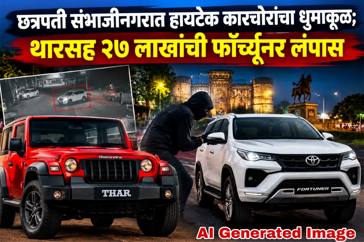 छत्रपती संभाजीनगरात हायटेक कारचोरांचा धुमाकूळ; थारसह २७ लाखांची फॉर्च्यूनर लंपास