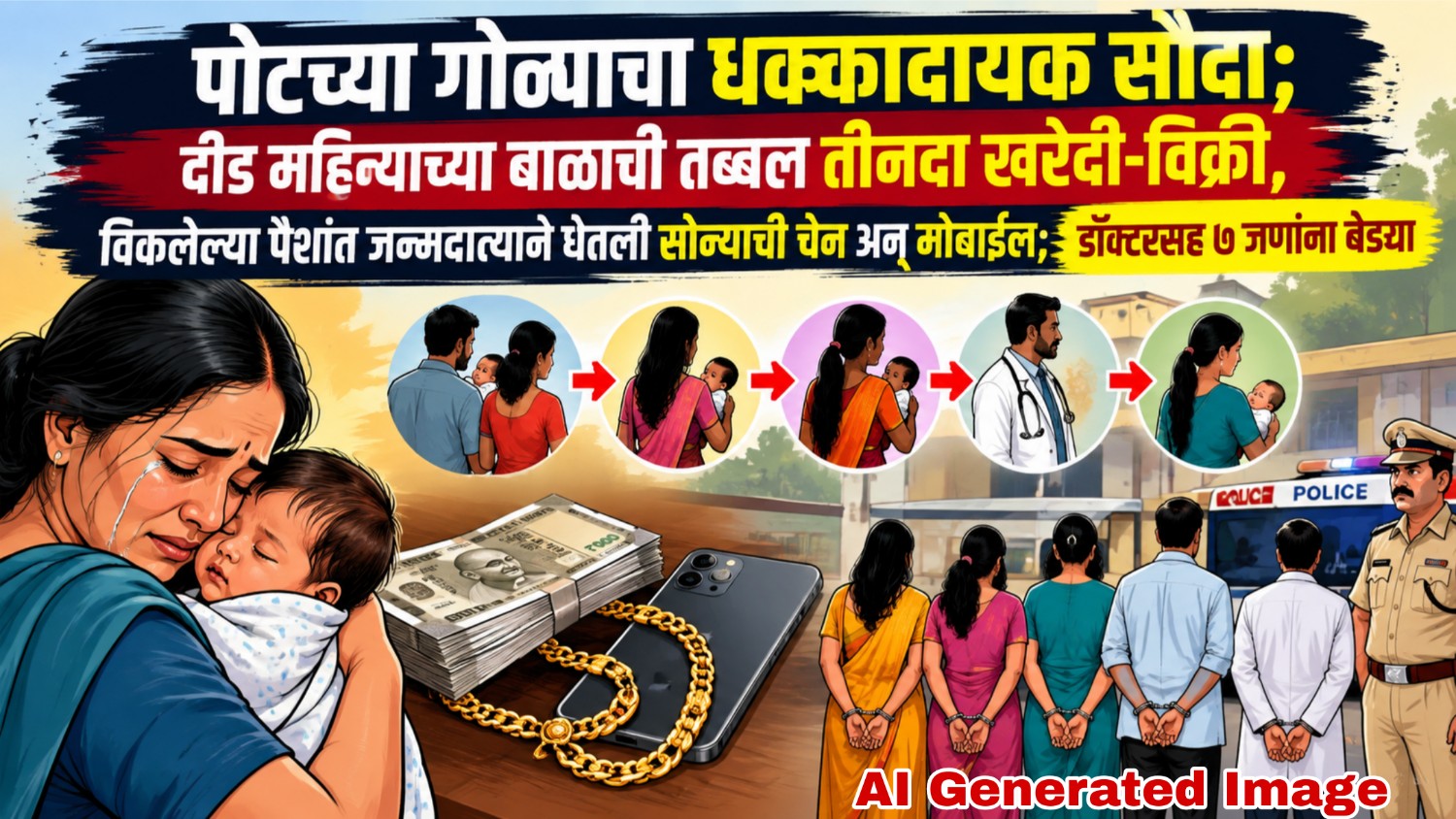 पोटच्या गोळ्याचा धक्कादायक सौदा; दीड महिन्याच्या बाळाची तब्बल तीनदा खरेदी-विक्री, विकलेल्या पैशांत जन्मदात्याने घेतली सोन्याची चेन अन् मोबाईल; डॉक्टरसह ७ जणांना बेड्या