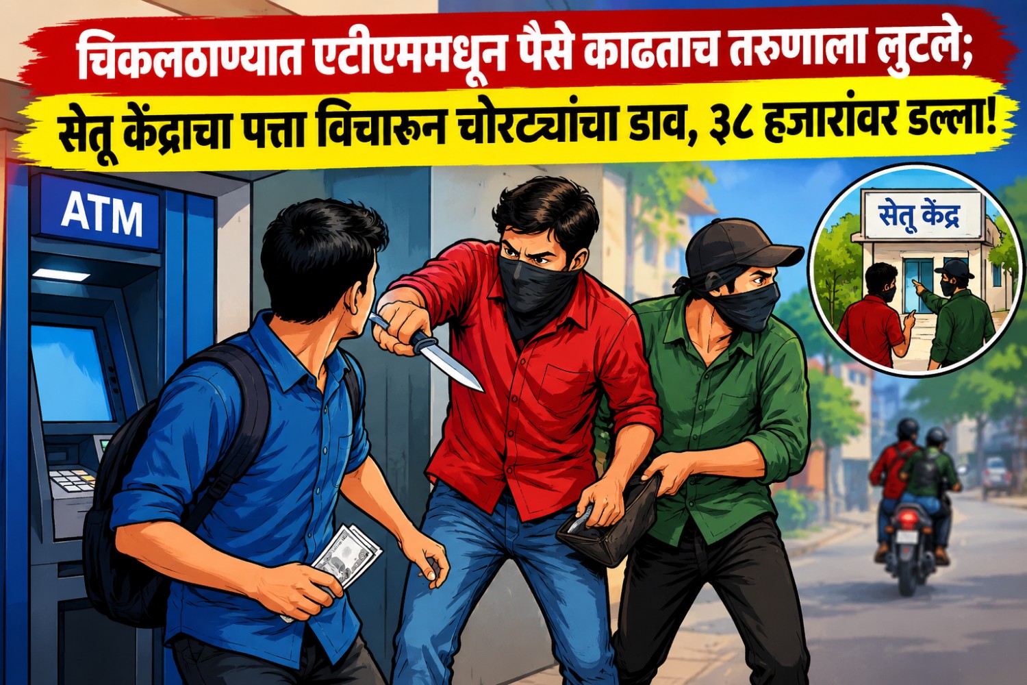 चिकलठाण्यात एटीएममधून पैसे काढताच तरुणाला लुटले; सेतू केंद्राचा पत्ता विचारून चोरट्यांचा डाव, ३८ हजारांवर डल्ला!