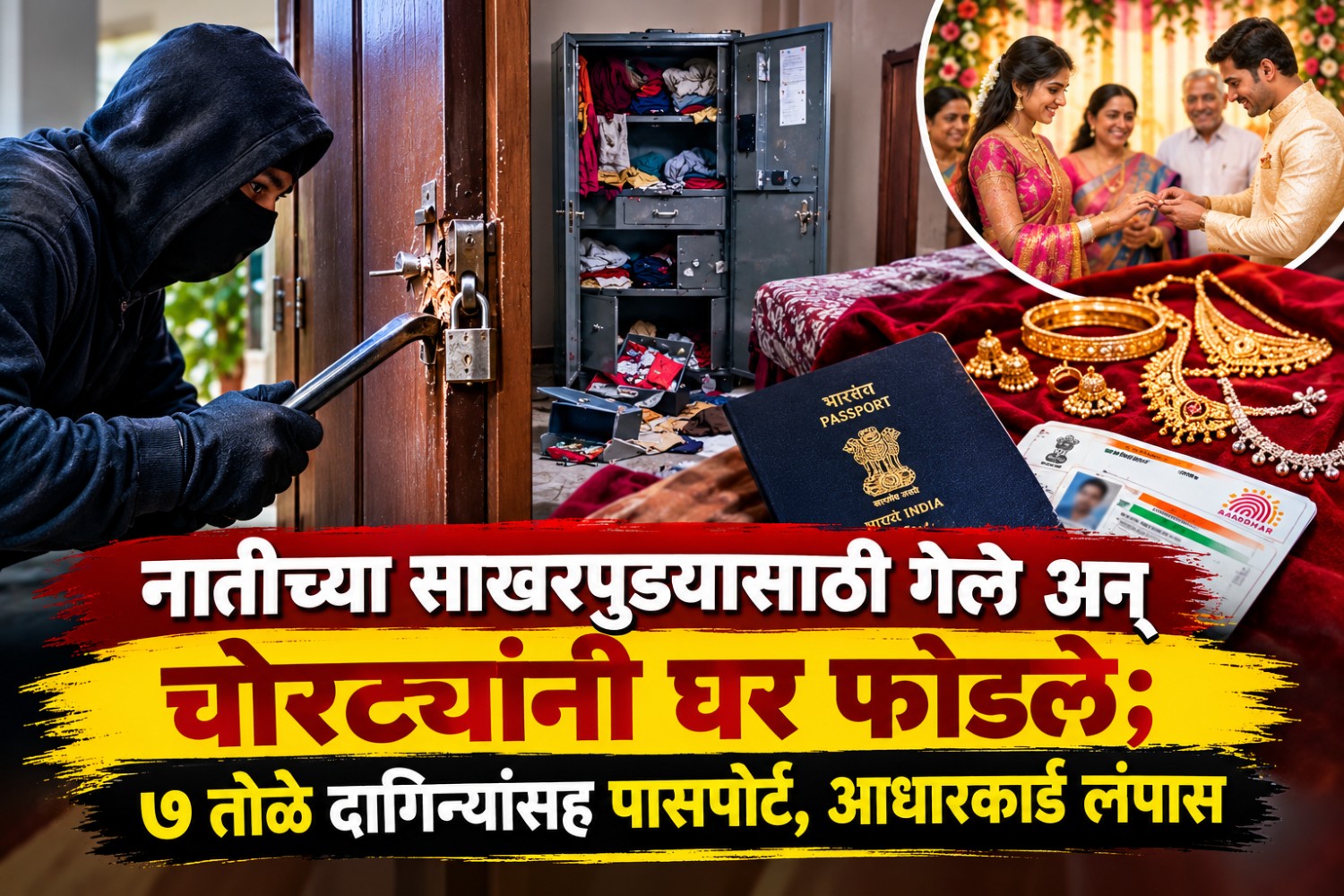 नातीच्या साखरपुड्यासाठी गेले अन् चोरट्यांनी घर फोडले; ७ तोळे दागिन्यांसह पासपोर्ट, आधारकार्ड लंपास